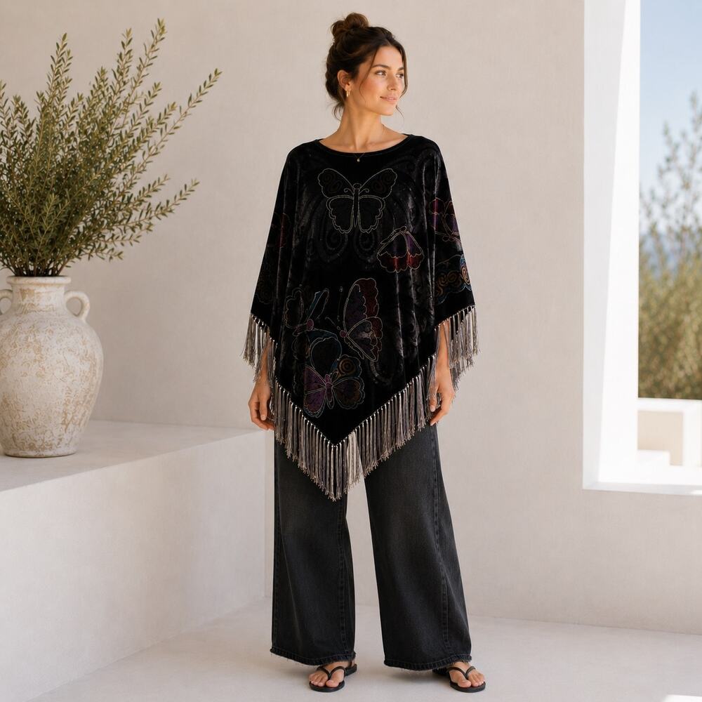 Unbranded Black Velvet Butterfly Fringe Poncho OS